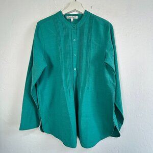 Travelsmith Womens Pintuck Button Up Long Sleeve Shirt Top Small Teal Casual